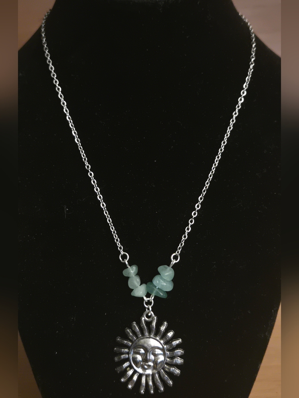 Silver Sun Necklace with Aqua Beads - Hand Made